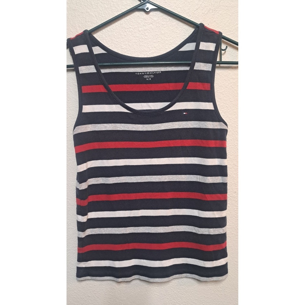 Tommy Hilfiger Womens Small Striped Tank Top Navy Red Gray Cotton Logo
